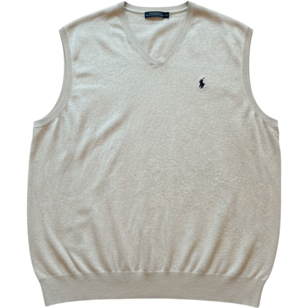 Polo Ralph Lauren Sweater Vest Mens 2XB Tan/ gray Pima Cotton V-Neck Pony Logo